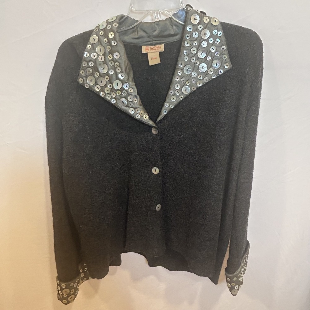 Cupcake International Cardigan Sweater Womens Large Gray Wool Silk Button Trim